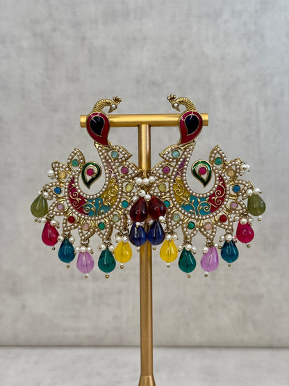 Ayura Designs Moorni Earrings – Peacock-Inspired Chandbalis with Multicoloured Meenakari, Kundan, and Pearl Accents