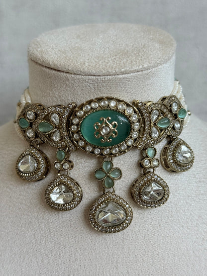 Ayura Designs Myra Choker Set with Jhumkis & Tikka – Mint Green Kundan & Pearl Detailing