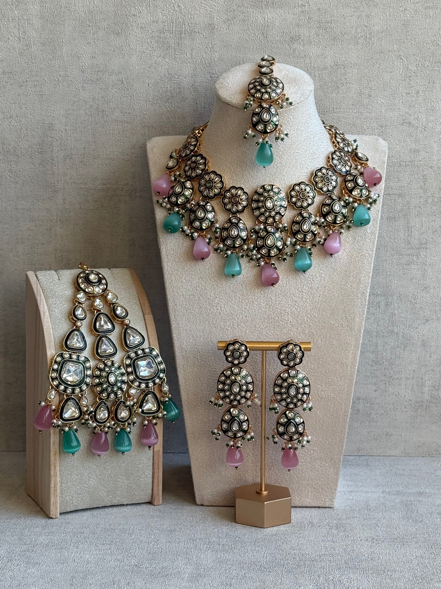 Ayura Designs Sumaira Set with Passa – Necklace, Earrings, Tikka & Passa with Kundan, Green Meenakari Detailing & Aqua-Pink Drops