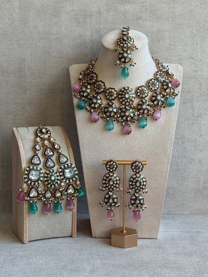 Ayura Designs Sumaira Set with Passa – Necklace, Earrings, Tikka & Passa with Kundan, Green Meenakari Detailing & Aqua-Pink Drops