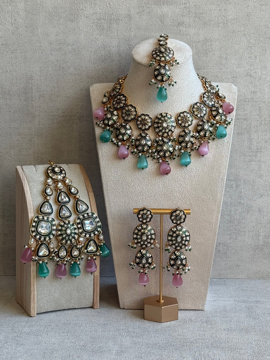 Ayura Designs Sumaira Set with Passa – Necklace, Earrings, Tikka & Passa with Kundan, Green Meenakari Detailing & Aqua-Pink Drops