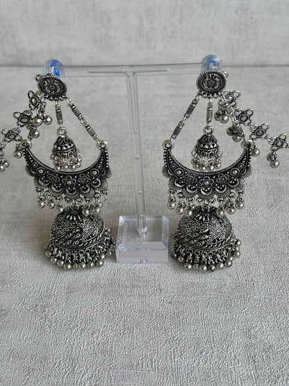 Ayura Designs Nazaakat Jhumkas - Oxidised Silver Earrings with Detachable Sahare | Antique Finish