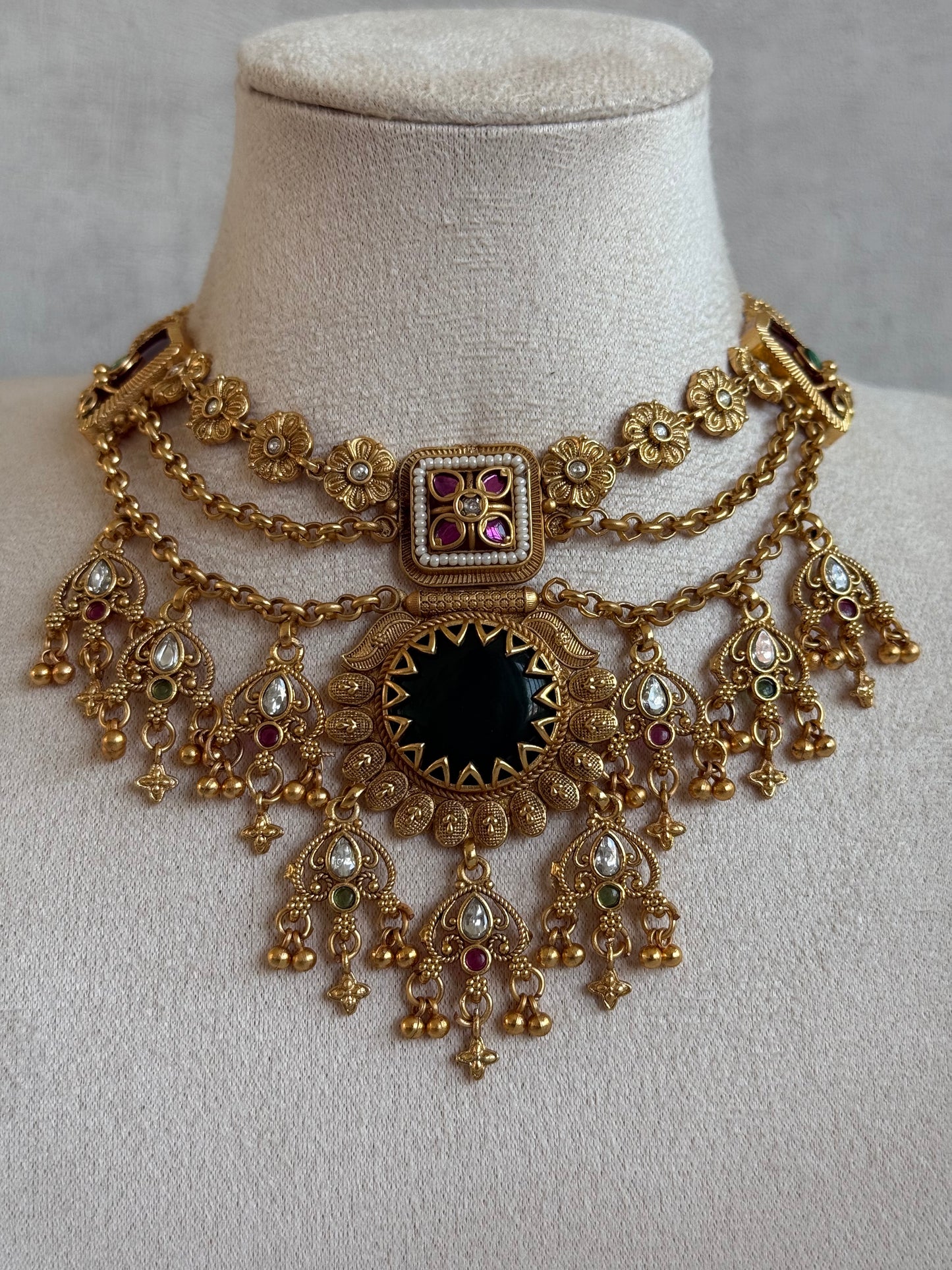 Ayura Designs Bolavi Necklace Set with Earrings – Green Stones, Kundan & Ghungroo Detailing