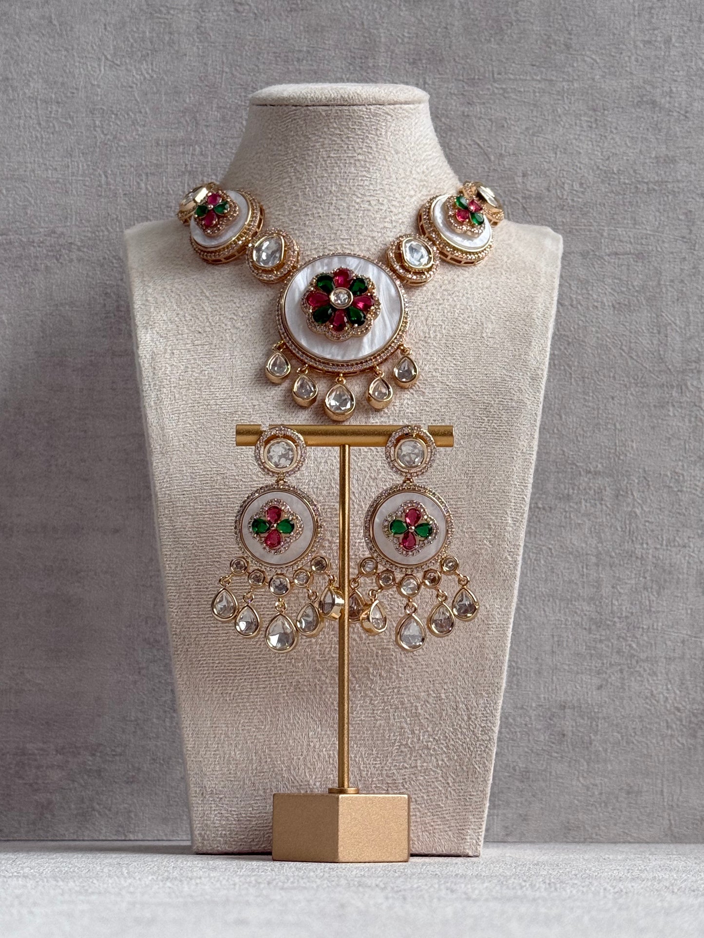 Ayura Designs Wisah Set – Necklace & Earrings with Mirror-Cut Stones, Fuchsia, Emerald & Mother-of-Pearl Detailing