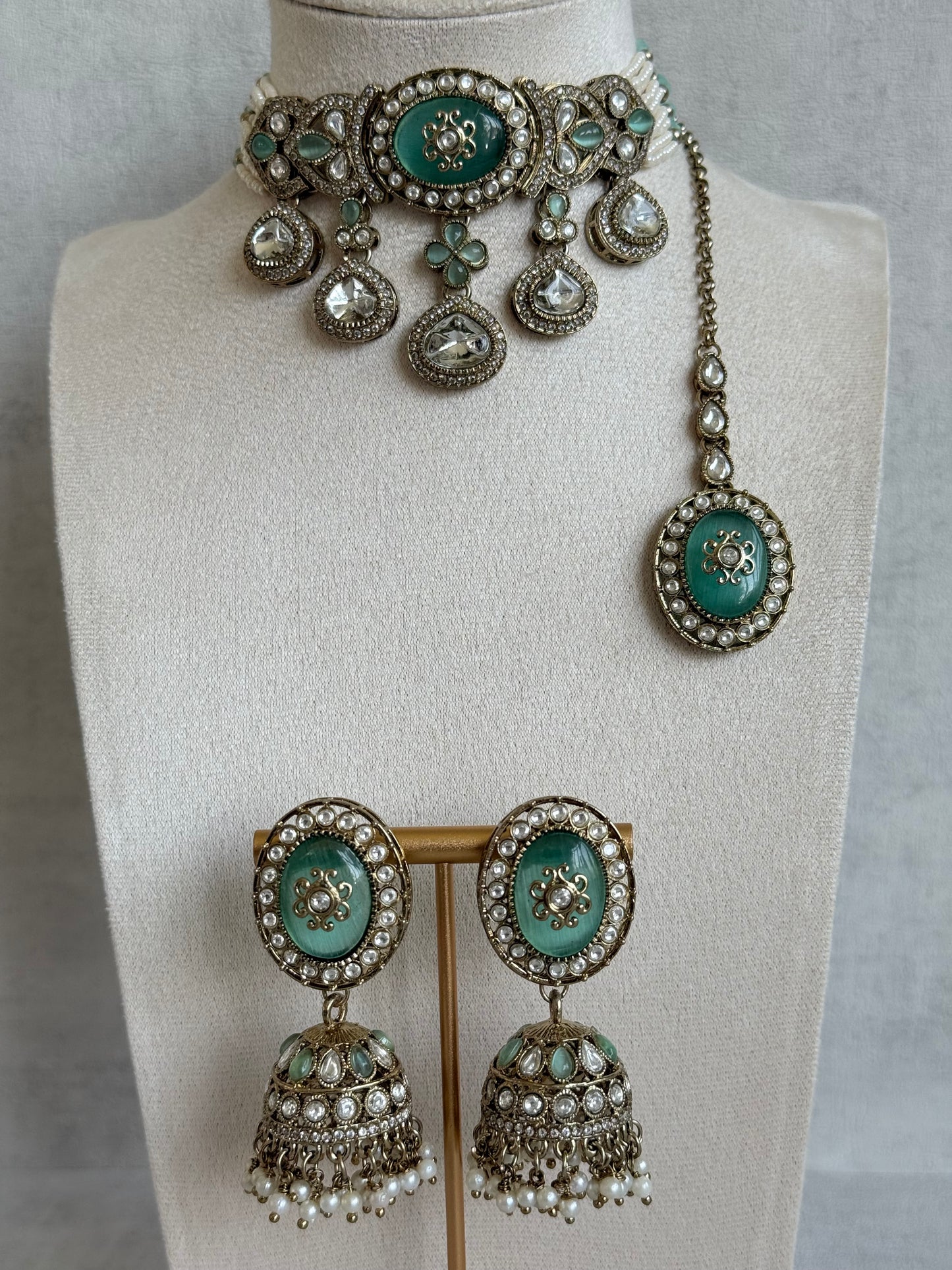 Ayura Designs Myra Choker Set with Jhumkis & Tikka – Mint Green Kundan & Pearl Detailing