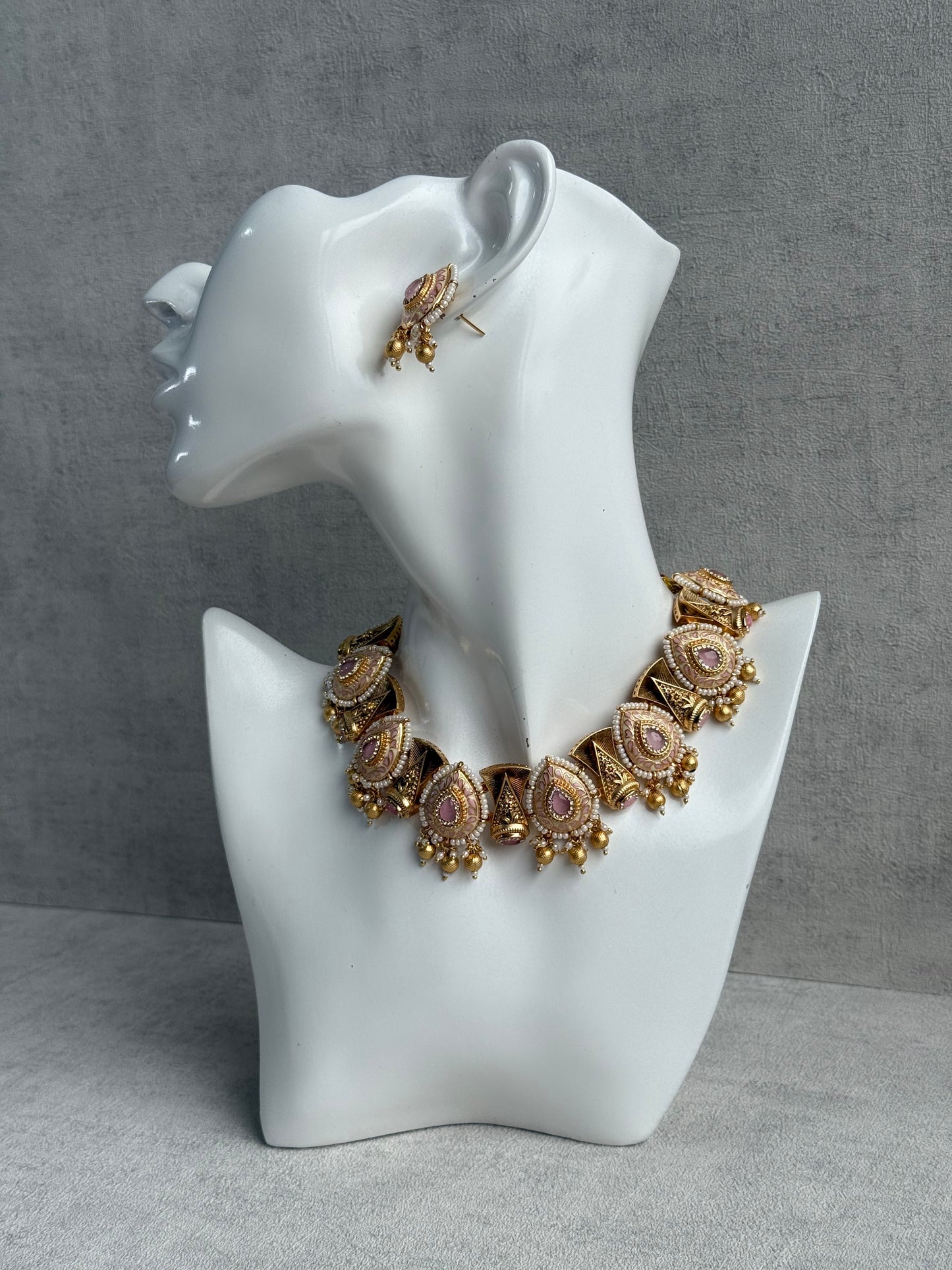 Ayura Designs Aaira Set with Necklace & Studs – Blush Pink Meenakari with Rose Pink Centre & Pearl Detailing