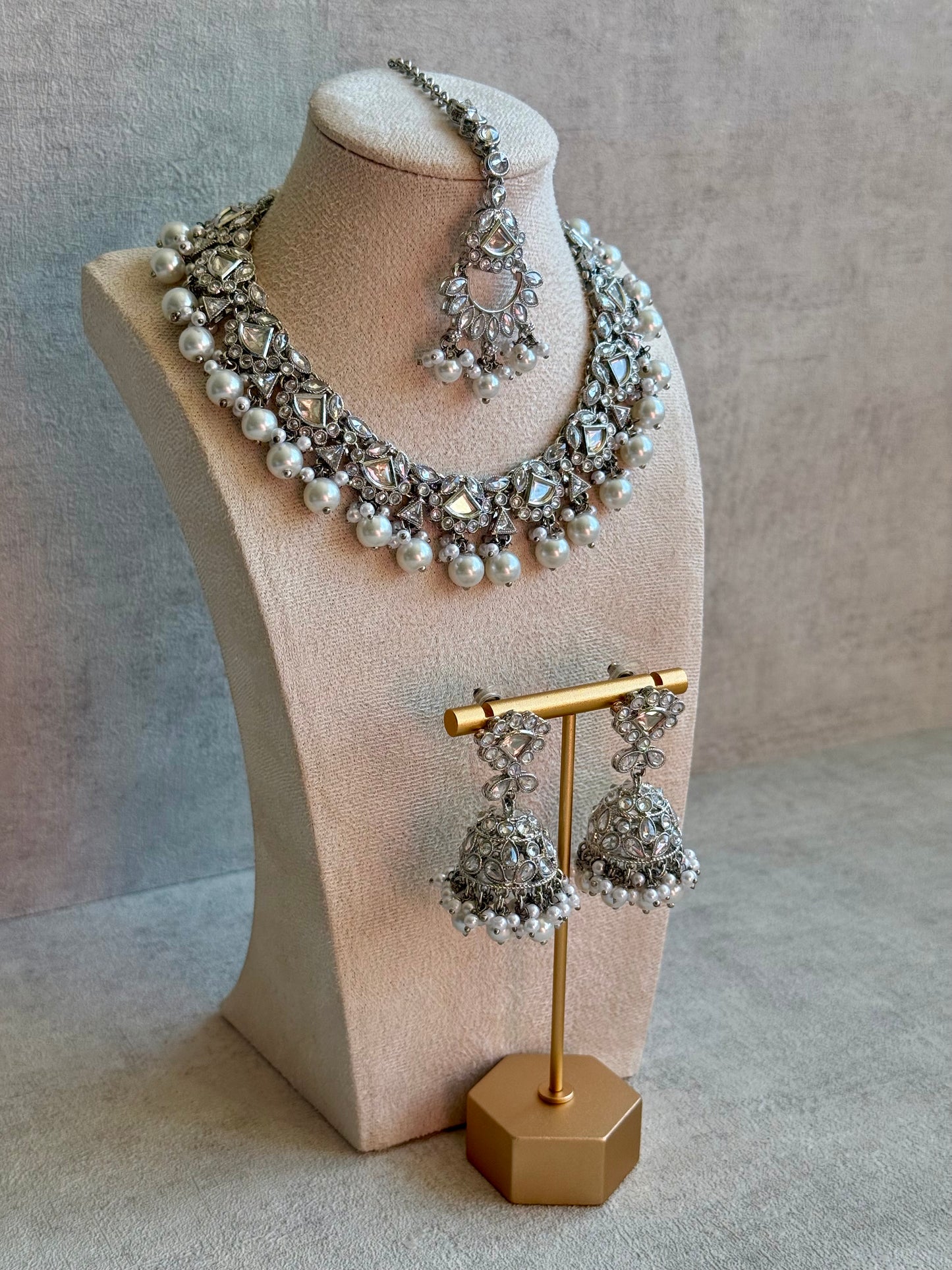 Ayura Designs Fozia Set with Necklace, Jhumkis & Tikka – Mirror-Cut Stones & Pearl Detailing in Silver Finish