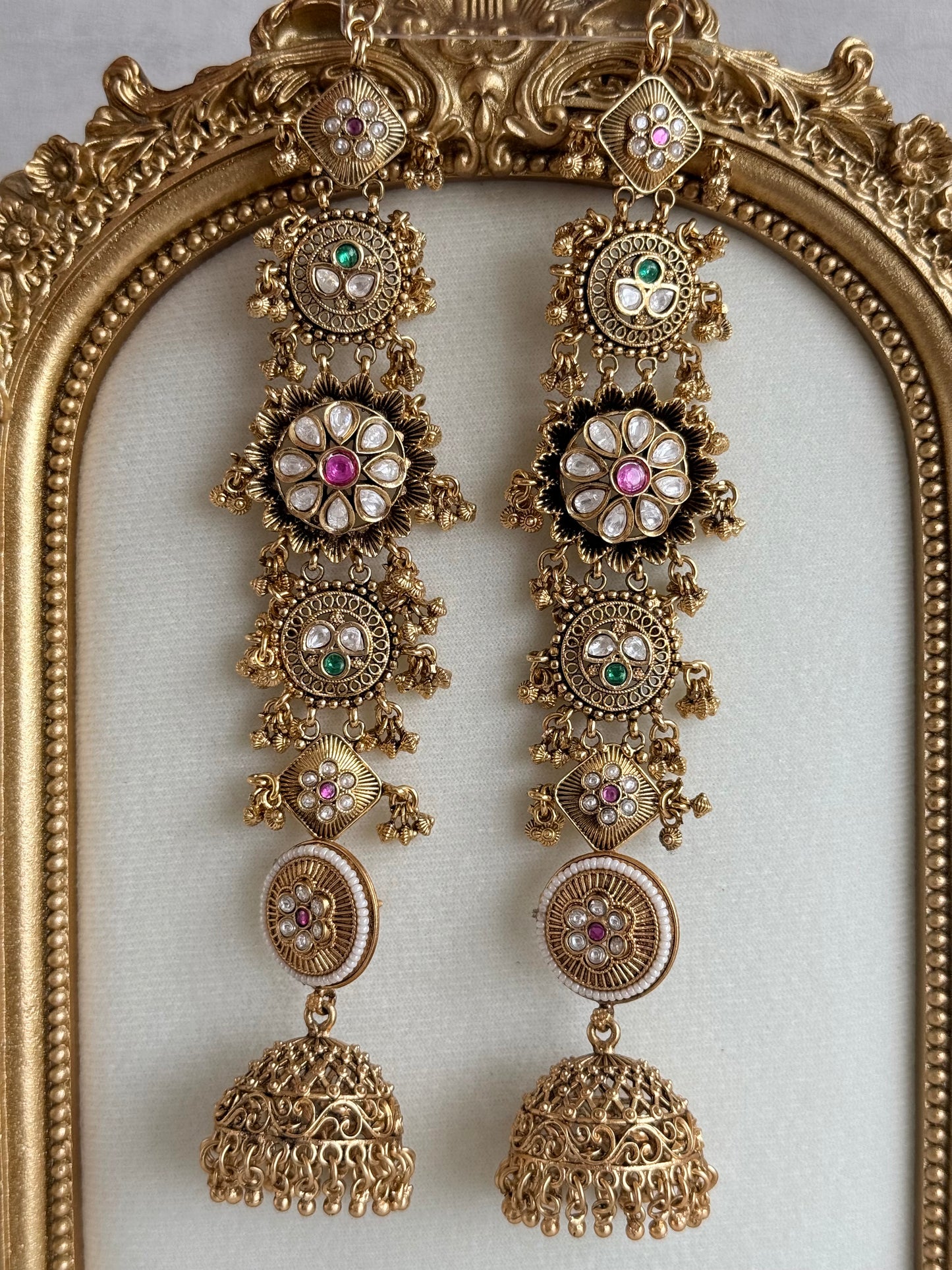 Ayura Designs Sabina Jhumkis with Detachable Sahare – Multicolour Kundan & Antique Gold Finish