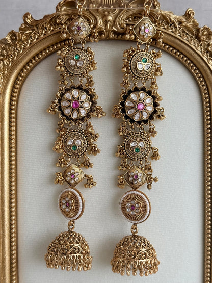 Ayura Designs Sabina Jhumkis with Detachable Sahare – Multicolour Kundan & Antique Gold Finish