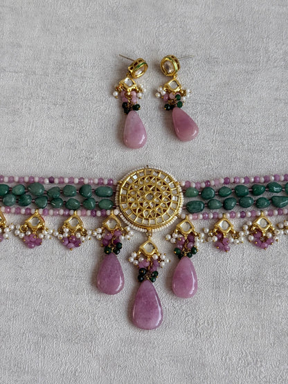 Ayura Designs Rabeeya Kundan Choker Set with Earrings – Blush Pink & Emerald Green Bead Detailing