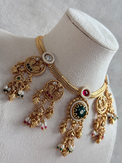 Ayura Designs Parchhai Necklace Set with Earrings – Ruby Red, Rose Pink & Emerald Green Stones, Bird Motifs & Pearl Detailing