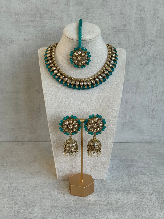 Ayura Designs Huma Set with Jhumkis & Tikka – Mirror-Cut Stones, Teal Blue Beads & Pearl Detailing