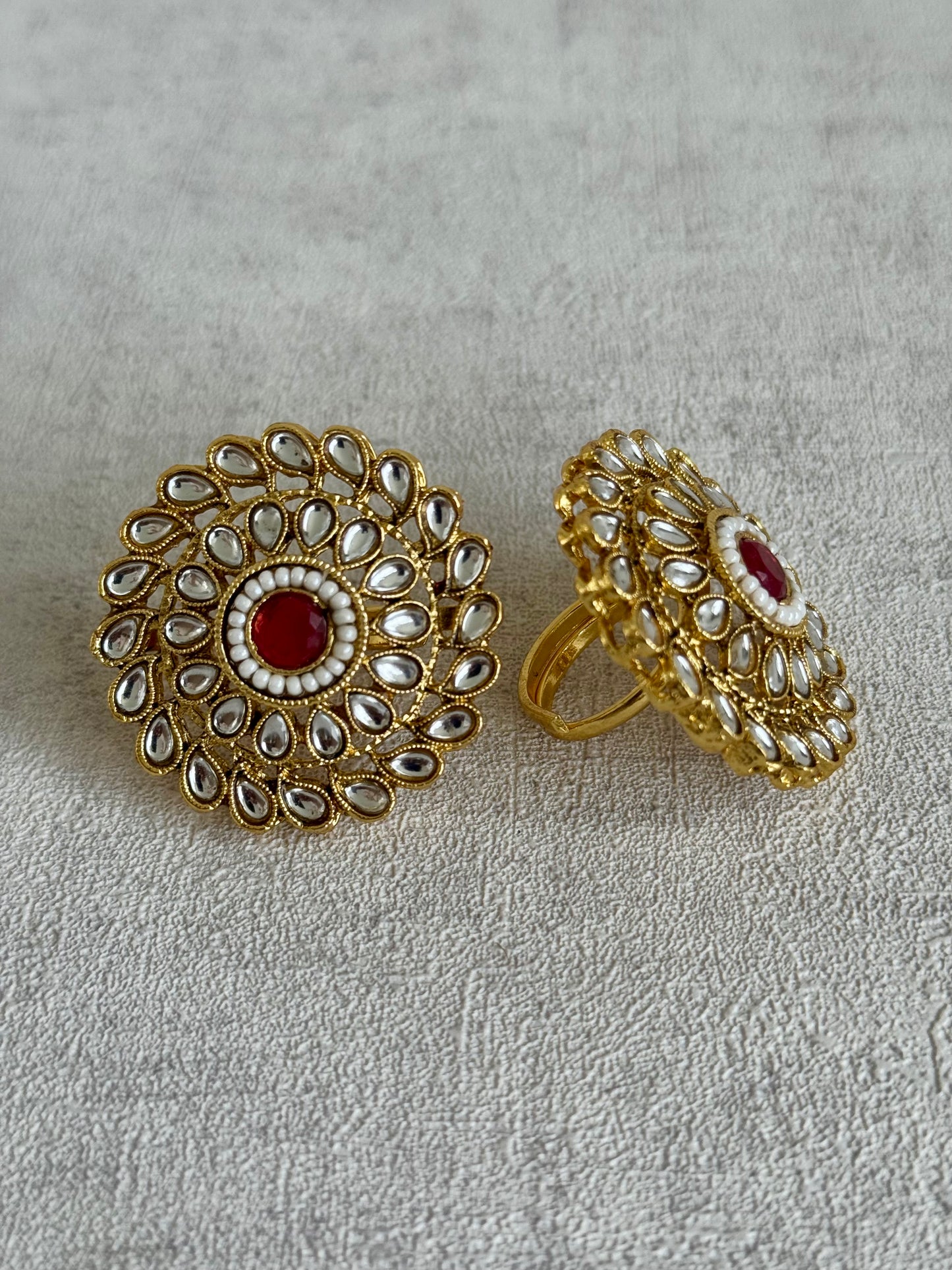 Ayura Designs Gulbahar Bridal Set with Necklace, Jhumkis, Tikka, Nath, Ring & Sheeshphool – Jadau Kundan Craftsmanship with Mirror-Cut Polki, Red Beads & Antique Gold Finish