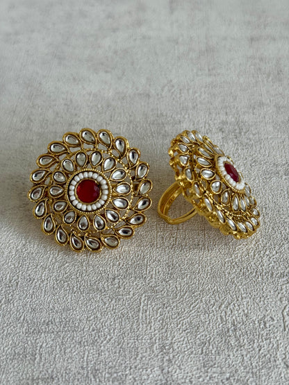 Ayura Designs Gulbahar Bridal Set with Necklace, Jhumkis, Tikka, Nath, Ring & Sheeshphool – Jadau Kundan Craftsmanship with Mirror-Cut Polki, Red Beads & Antique Gold Finish
