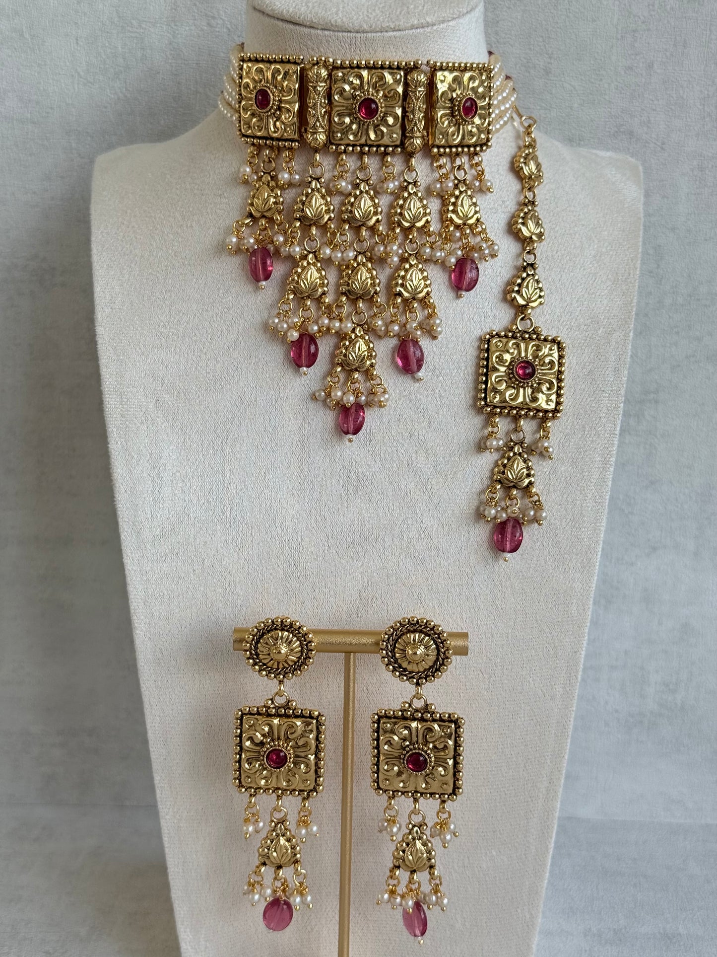 Ayura Designs Nimrah Choker Set with Earrings & Tikka – Ruby Pink Gold Tone Waterfall Jewellery Set