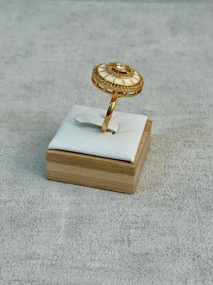 Ayura Designs Maisie Adjustable Ring – Ivory Enamel with Crystal Border & Moissanite Centre