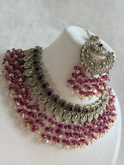 Ayura Designs Dilnaz Necklace Set with Earrings, Tikka & Passa – Berry Pink & Champagne Crystal Beads & Antique Gold Finish