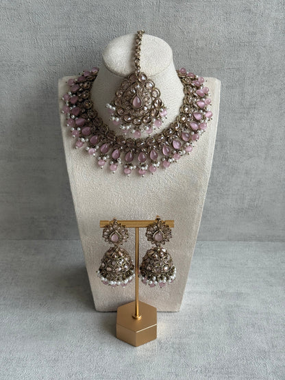 Ayura Designs Emaan Set – Necklace, Jhumkis & Tikka with Blush Pink Stones, Ivory Pearls & Champagne Gold Finish