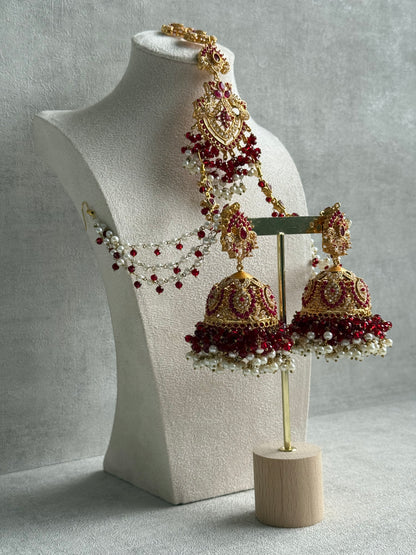 Ayura Designs Safia Tikka Set with Sahare Earrings – Ruby Red Beads & Pearls