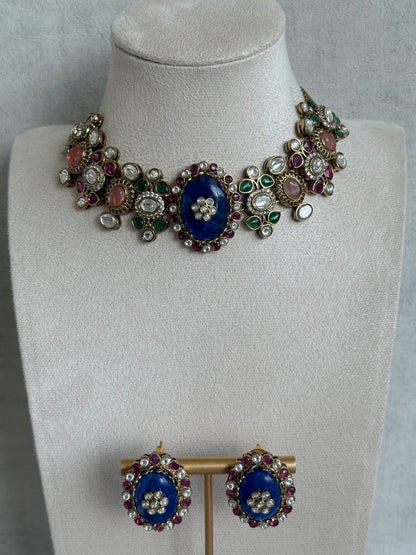 Ayura Designs Nova Necklace Set with Stud Earrings – Sapphire Blue Centre Stone, Kundan Detailing & Multicolour Gemstone Accents
