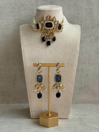 Ayura Designs Raaz Set with Necklace & Earrings – Ink Blue Stones, Kundan Detailing & Antique Gold Finish