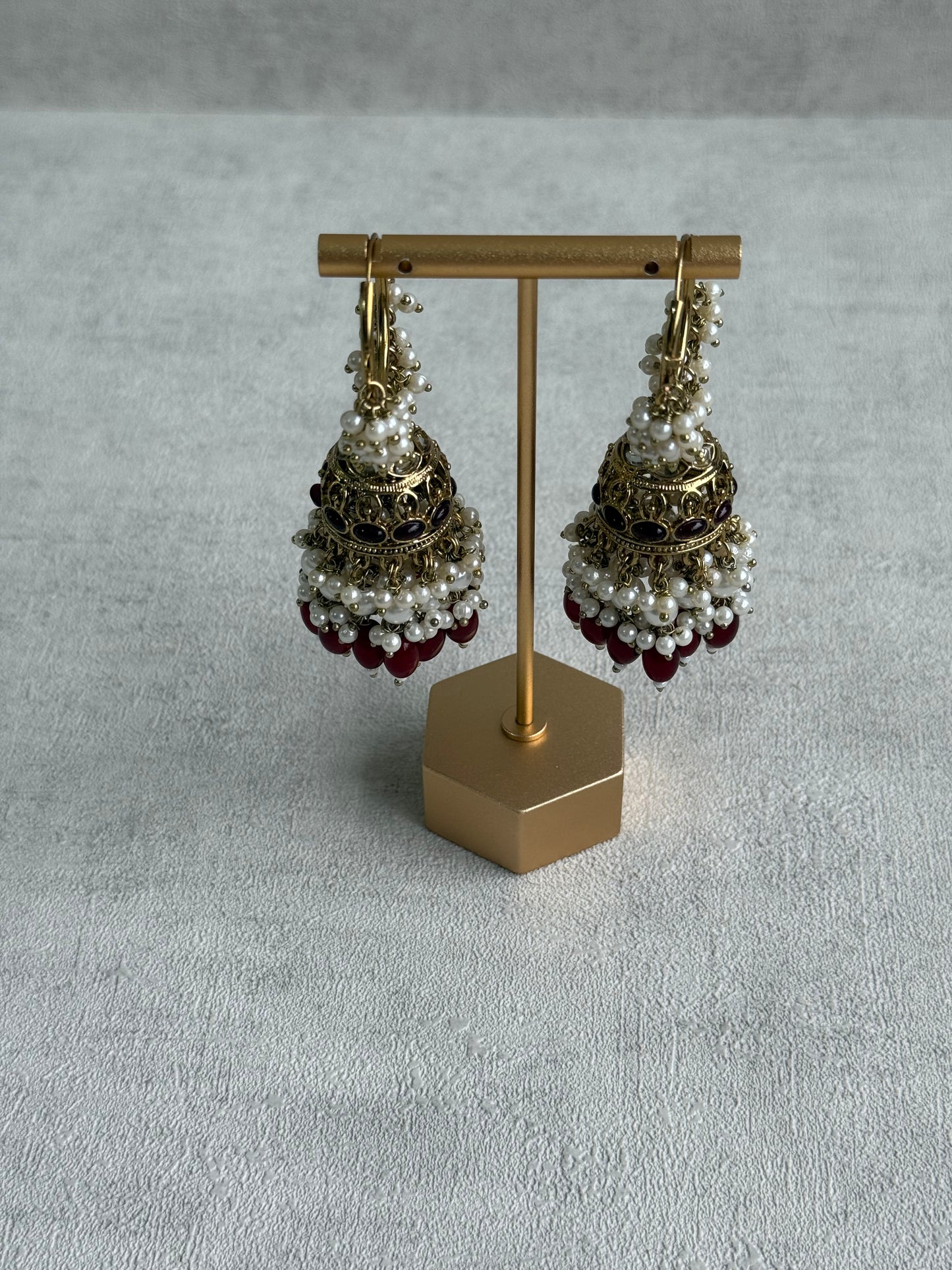 Ayura Designs Jugni Jhumkis – Antique Gold Balis with Maroon Beads & Pearl Clusters