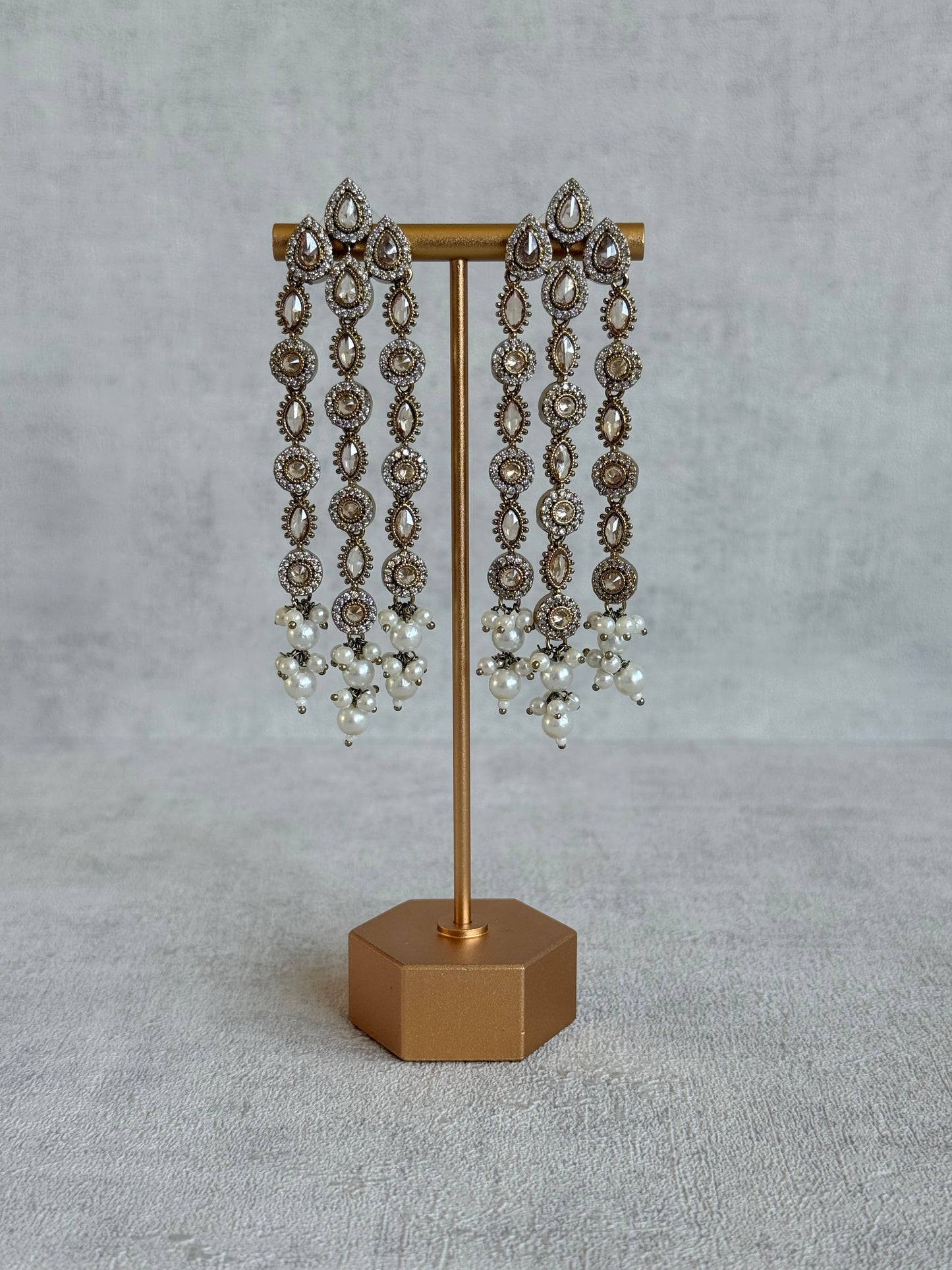 Ayura Designs Emilia Earrings – Gold Triple Strand Statement Earrings with Champagne Stones & Pearl Drops