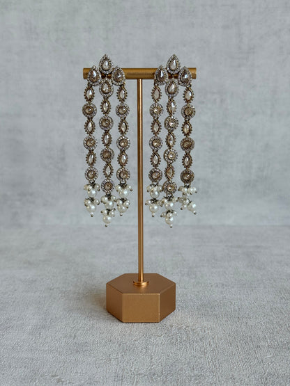 Ayura Designs Emilia Earrings – Gold Triple Strand Statement Earrings with Champagne Stones & Pearl Drops