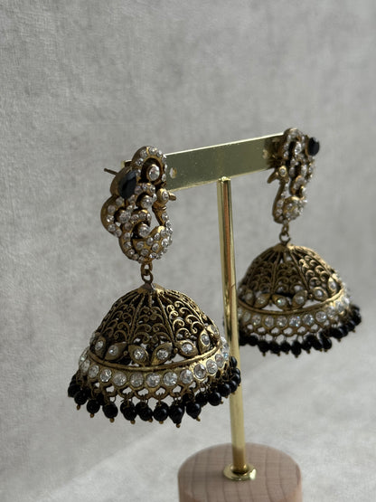Ayura Designs Mayurika Jhumkis – Antique Gold Jhumkis with Crystal Stones, Black Beads & Peacock Motif