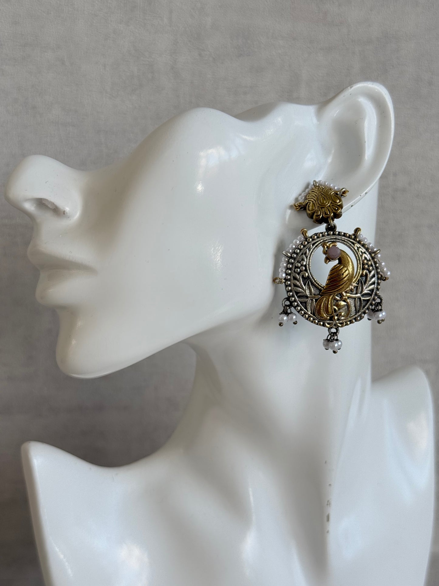 Ayura Designs Dilara Earrings – Oxidised Peacock Earrings with Pearl Detailing & Dual Tone Finish