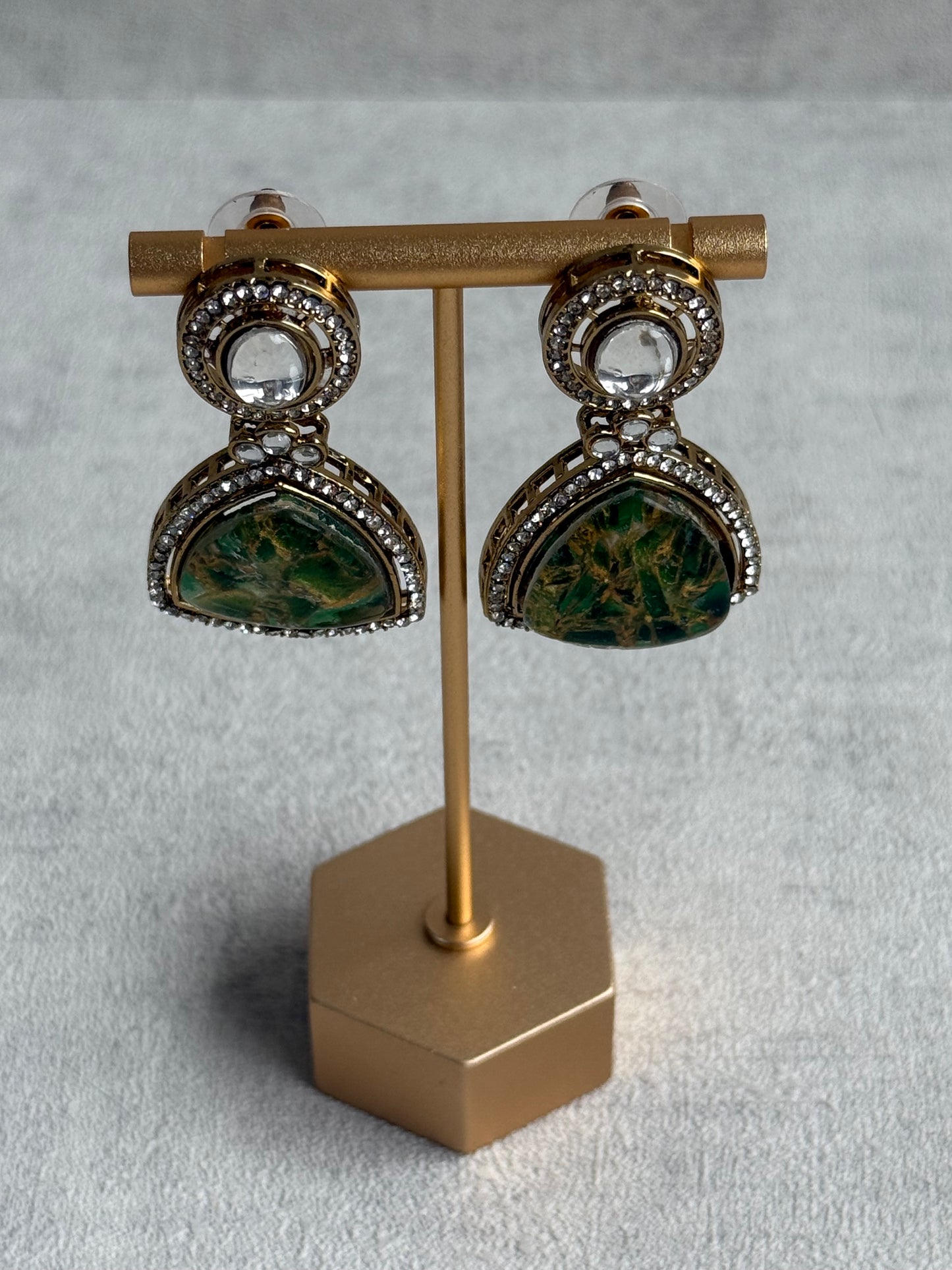 Ayura Designs Florence Earrings – mirror cut studs with Emerald Green Marble Resin & Crystal Borders