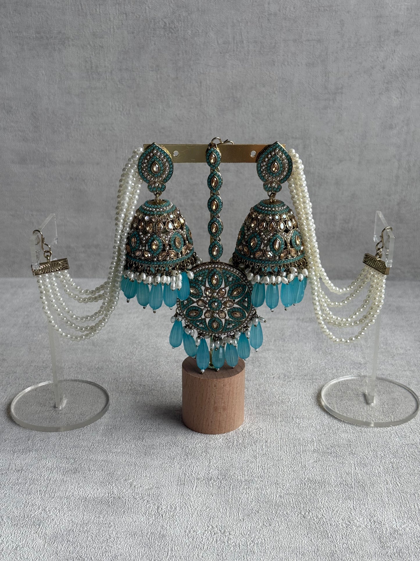 Ayura Designs Amrita Set – Jhumkis with Sahare & Tikka in Aqua Blue, Pearls and Antique Gold Finish
