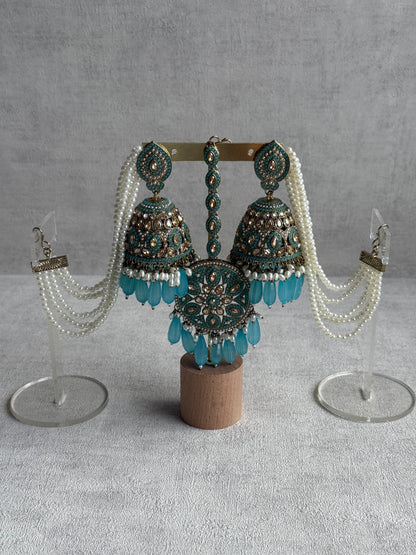 Ayura Designs Amrita Set – Jhumkis with Sahare & Tikka in Aqua Blue, Pearls and Antique Gold Finish