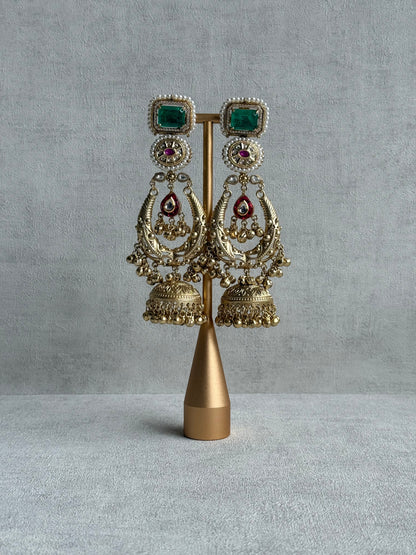Ayura Designs Zirwa Earrings – Statement Jhumkis with Jade Green Stones, Ruby Accents, Pearl Borders & Ghungroos