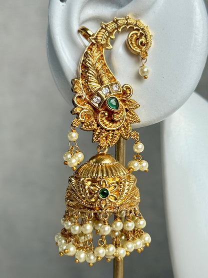 Ayura Designs Anika Jhumkis – Gold Half Ear Cuffs with Peacock Motif, Green Stone Accents, Kundan Crystals & Pearl Jhumka Drops
