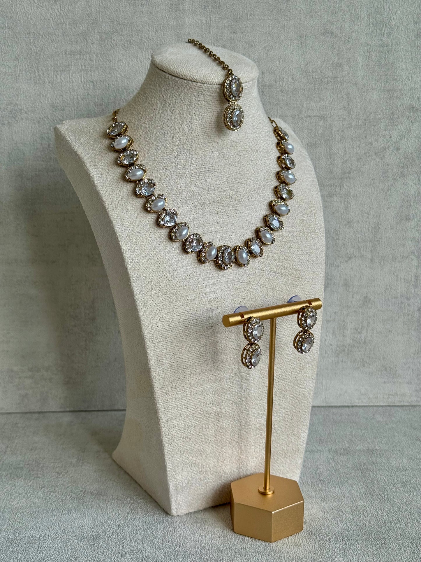 Ayura Designs Eira Set – Necklace, Earrings & Tikka with Diamond-Cut & Ivory Oval Stones in Antique Gold