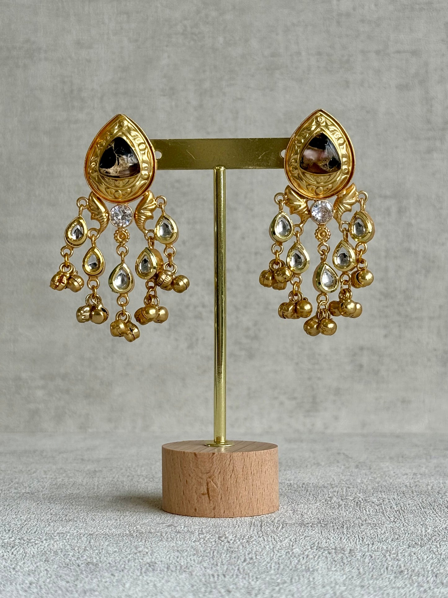 Ayura Designs Arheer Earrings – Onyx & Bronze Marble with Kundan Detailing & Antique Gold Ghungroos