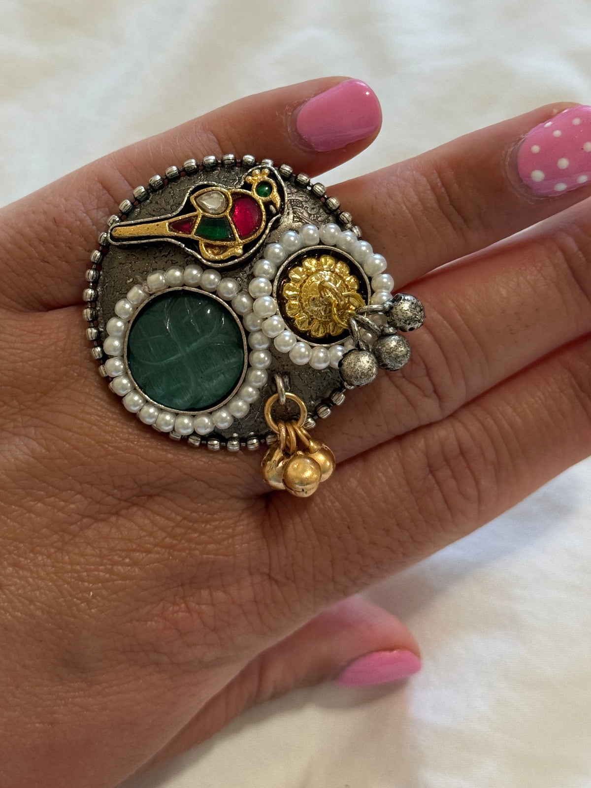 Ayura Designs Mihika Adjustable Ring – Oxidised Statement Ring with Green Stone, Pearl Detailing & Parrot Motif
