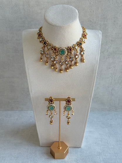 Ayura Designs Abira Necklace Set with Earrings – Kundan, Multicolour Stones, Pearl Detailing & Gold Finish