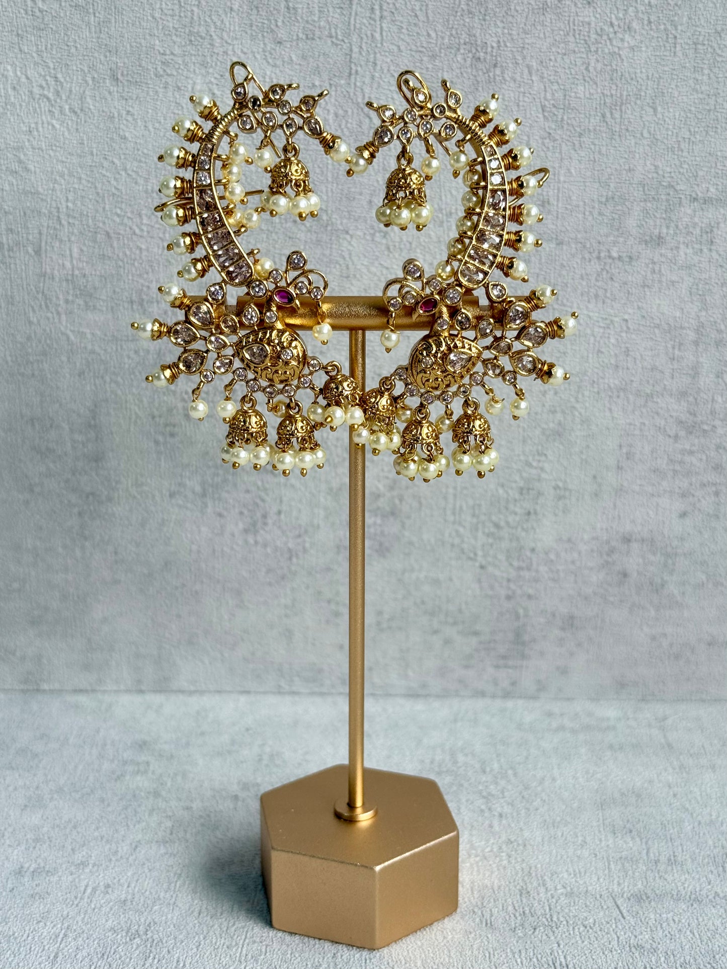Ayura Designs Megha Half Ear Cuff Earrings – Gold Peacock Motif with Kundan Crystals, Pink Stone Accents & Pearl Jhumka Drops