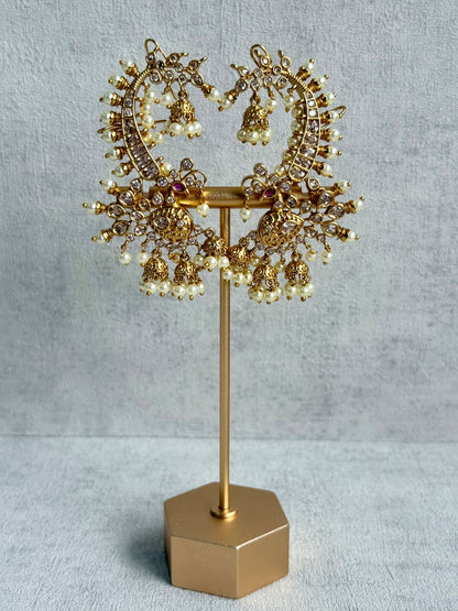 Ayura Designs Megha Half Ear Cuff Earrings – Gold Peacock Motif with Kundan Crystals, Pink Stone Accents & Pearl Jhumka Drops