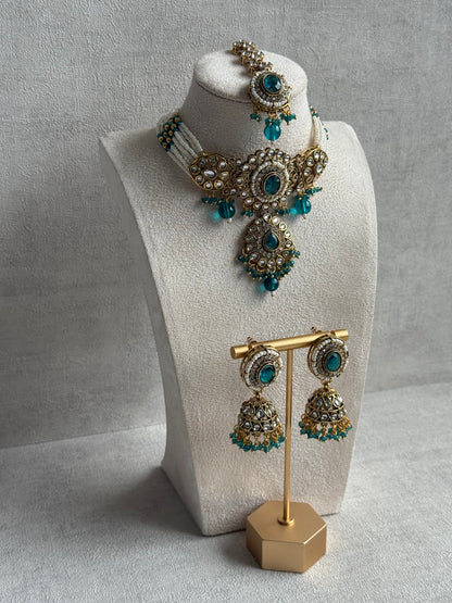 Ayura Designs Muskaan Set – Choker, Jhumkis & Tikka with Peacock Blue Beads, Kundan Stones & Antique Gold Finish