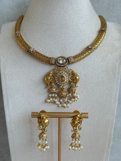 Ayura Designs Wadha Collar Necklace Set with Earrings – Gold Elephant Pendant & White Crystal Detailing