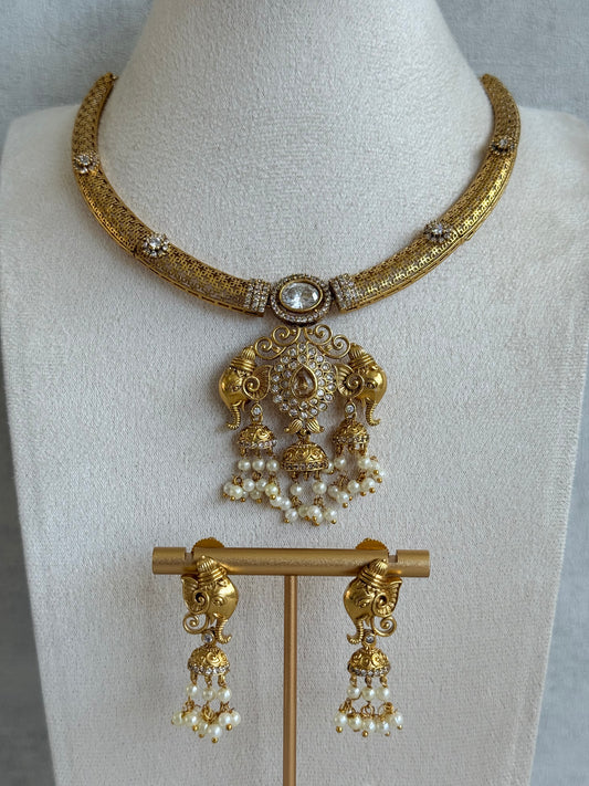 Ayura Designs Wadha Collar Necklace Set with Earrings – Gold Elephant Pendant & White Crystal Detailing