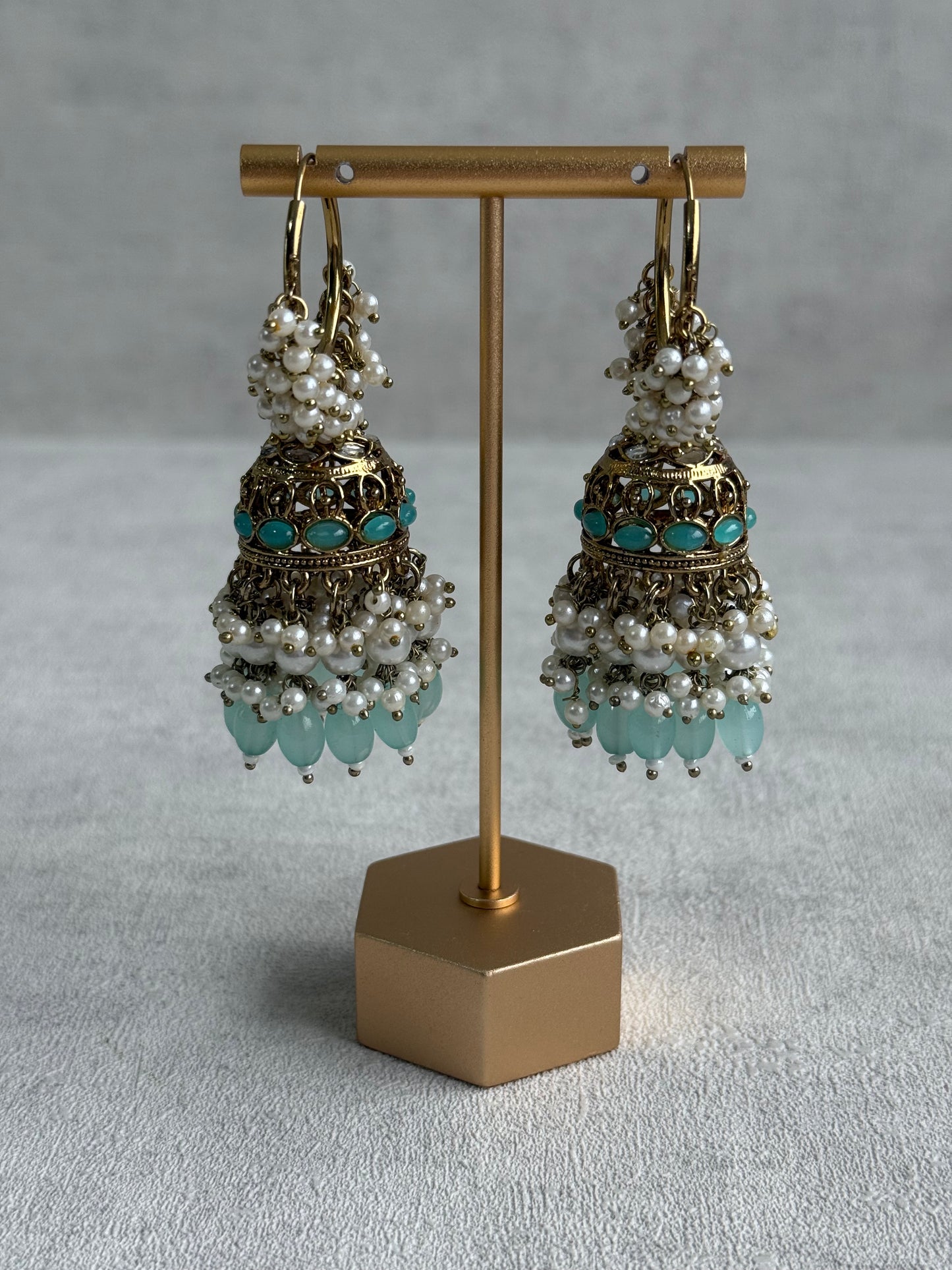 Ayura Designs Jugni Jhumkis – Antique Gold Balis with Aqua Beads & Pearl Clusters