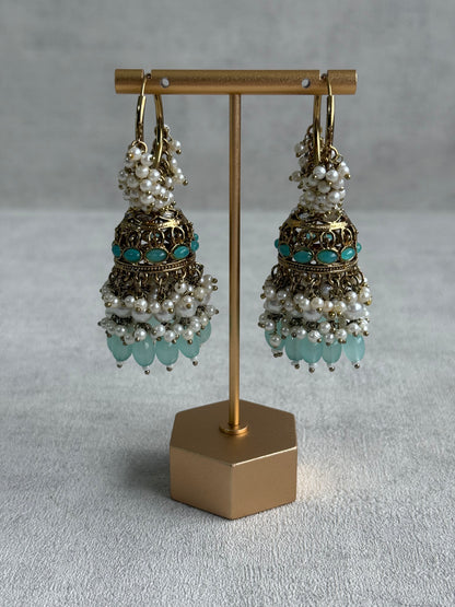Ayura Designs Jugni Jhumkis – Antique Gold Balis with Aqua Beads & Pearl Clusters