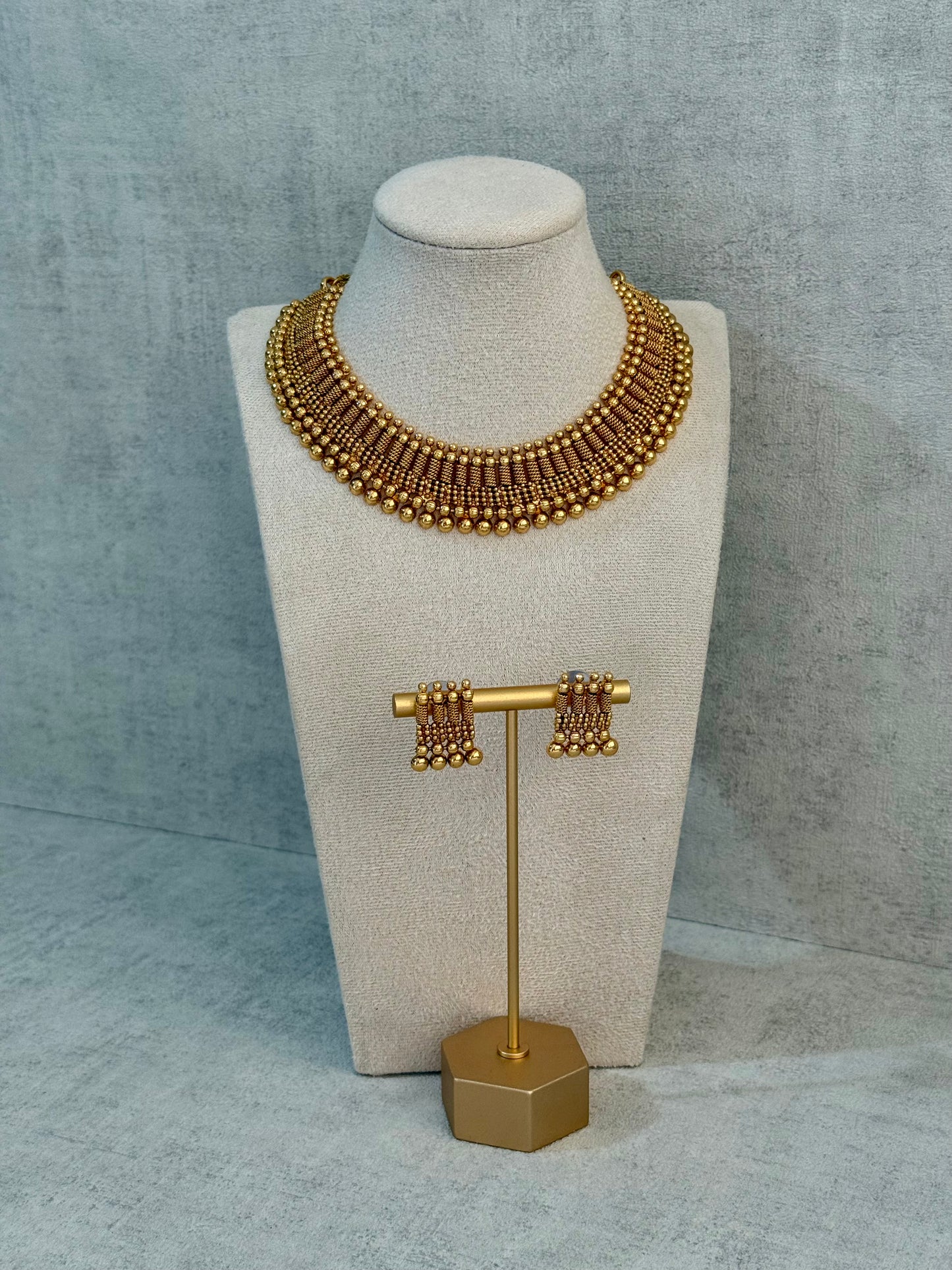 Ayura Designs Lavanya Set with Necklace & Earrings – Matte Antique Gold Beaded Design