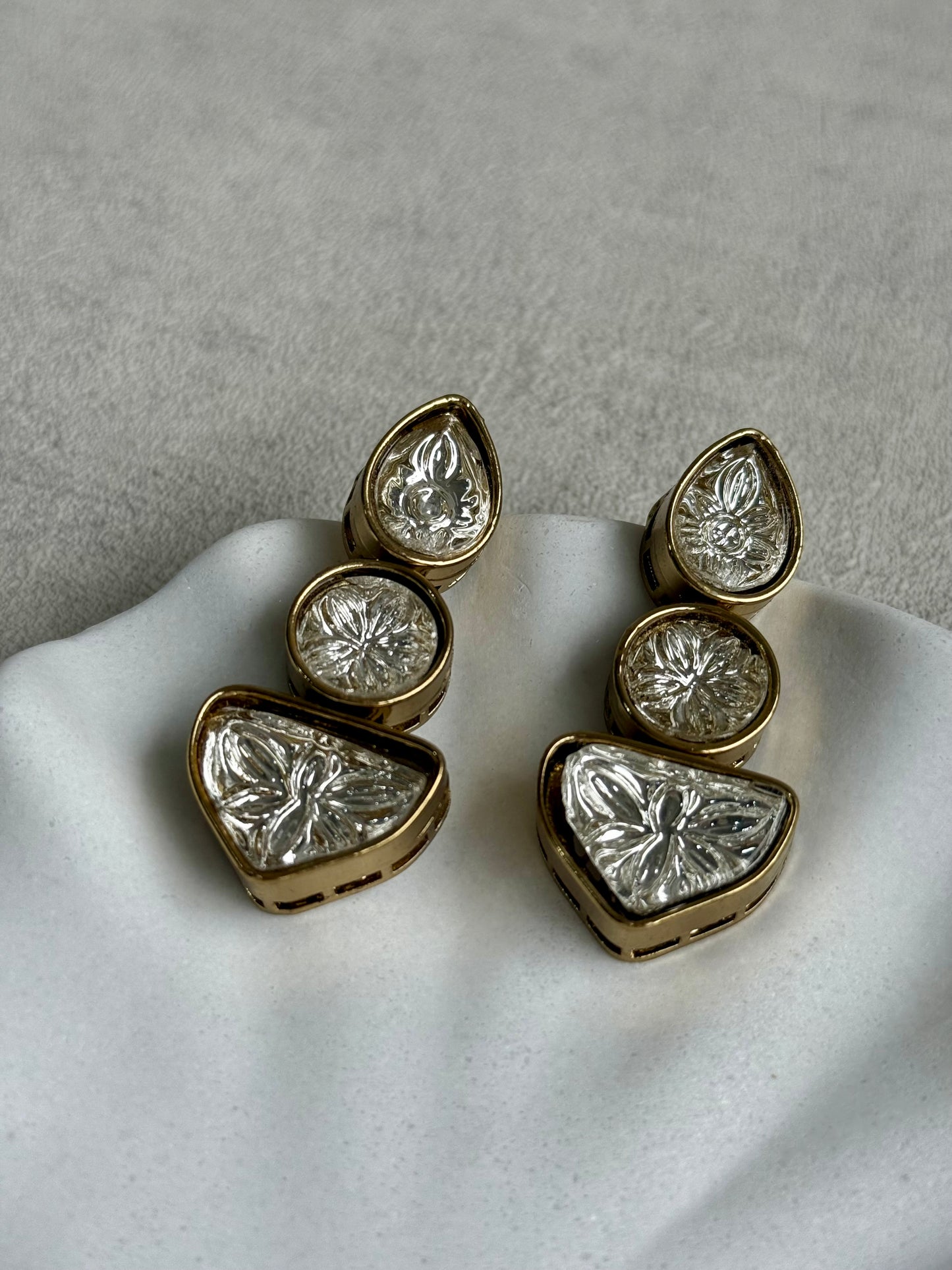 Ayura Designs Zella Earrings – Carved Crystal with Gold Frame Detailing