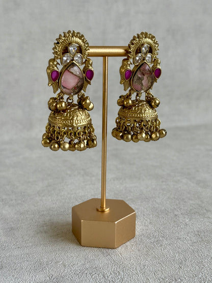 Ayura Designs Avleen Earrings – Rose Pink Marble with Antique Gold Jhumkis