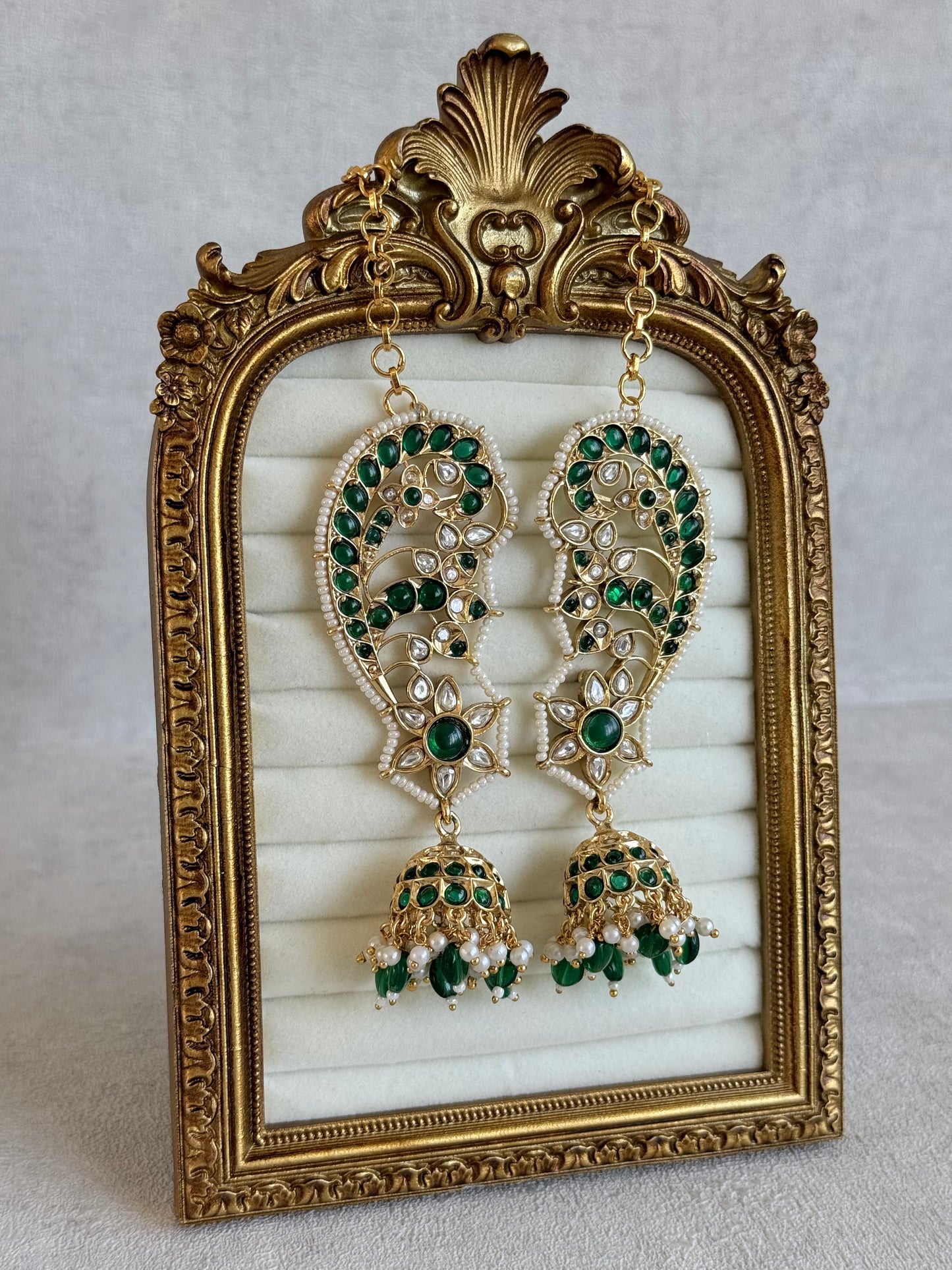 Ayura Designs Urisha Ear Climber Jhumkis – Emerald Green, Kundan & Pearl Detailing